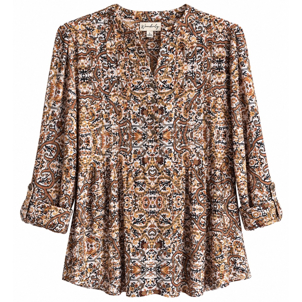 NWT Wonderly Henley Tunic Top Large Ivory Olive Paisley Roll Tab MSRP $45